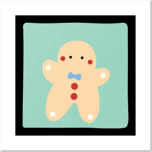 Cute Gingerbread Man With a Blue Bow Smiling Posters and Art